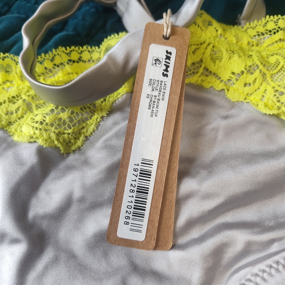 SKIMS Two-Piece Bikini Set in Light Gray with Neon Yellow Lace - Picture 7 of 10